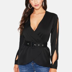 Bebe Women's Split Sleeve Belted Wrap Jacket, Size 2 in BLACK Polyester