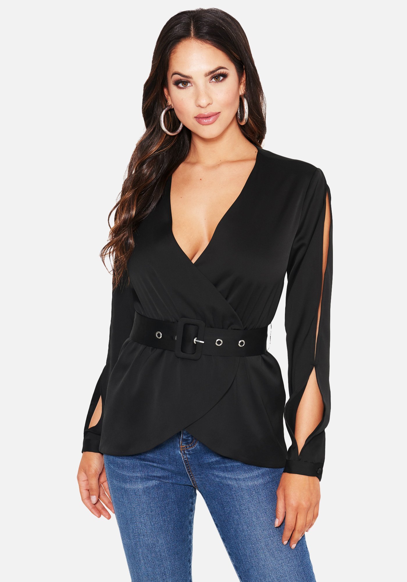 Bebe Women's Split Sleeve Belted Wrap Jacket, Size 12 in BLACK Polyester