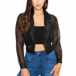 Bebe Women's Organza Button Up Crop Jacket, Size Large in BLACK Polyester