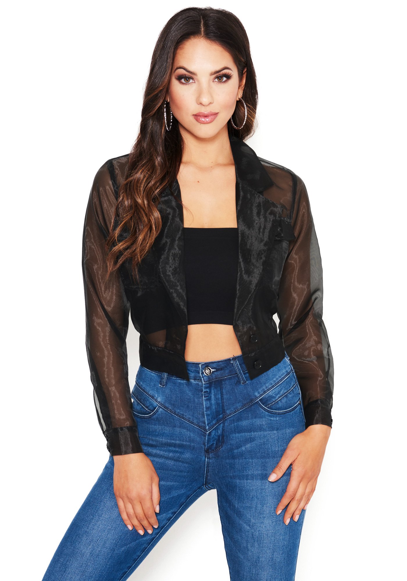 Bebe Women's Organza Button Up Crop Jacket, Size Small in BLACK Polyester