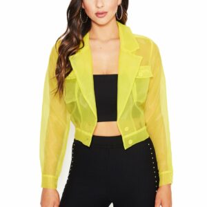 Bebe Women's Organza Button Up Crop Jacket, Size Small in SULPHUR SPRING Polyester