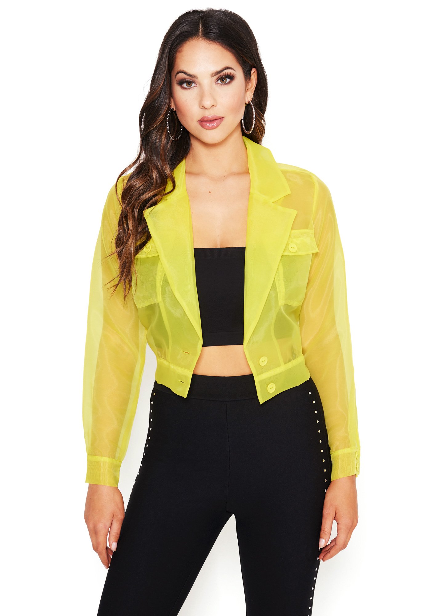 Bebe Women's Organza Button Up Crop Jacket, Size XL in SULPHUR SPRING Polyester