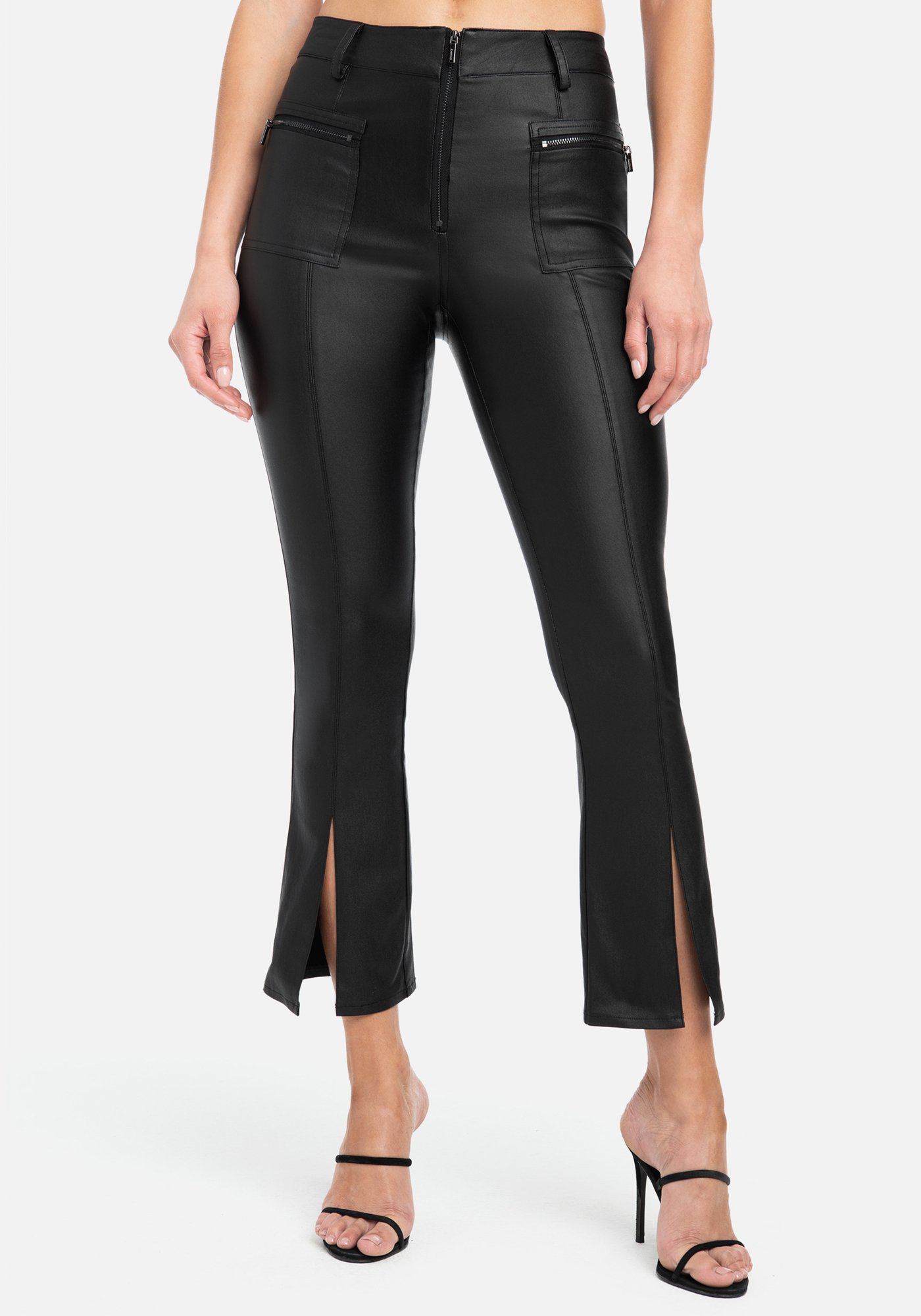 Bebe Women's Detail Front Slit Coated Pant, Size 6 in Black Spandex/Nylon