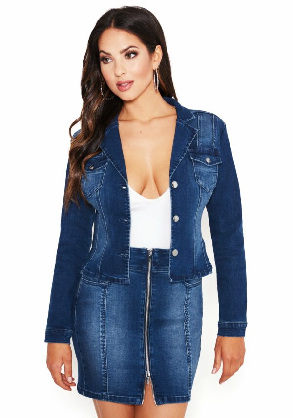 Bebe Women's Lace Back Detail Denim Jacket, Size Medium in MED BLUE WASH Cotton/Spandex
