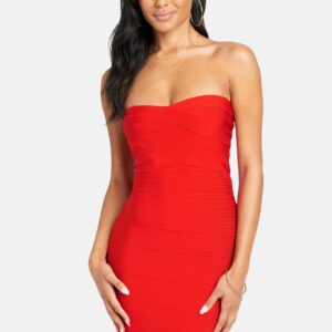 Bebe Women's Strapless Bandage Bodycon Dress, Size Large in Red Spandex/Nylon