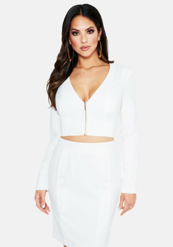 Bebe Women's Insert Detail Long Sleeve Jacket, Size 12 in BRIGHT WHITE Polyester