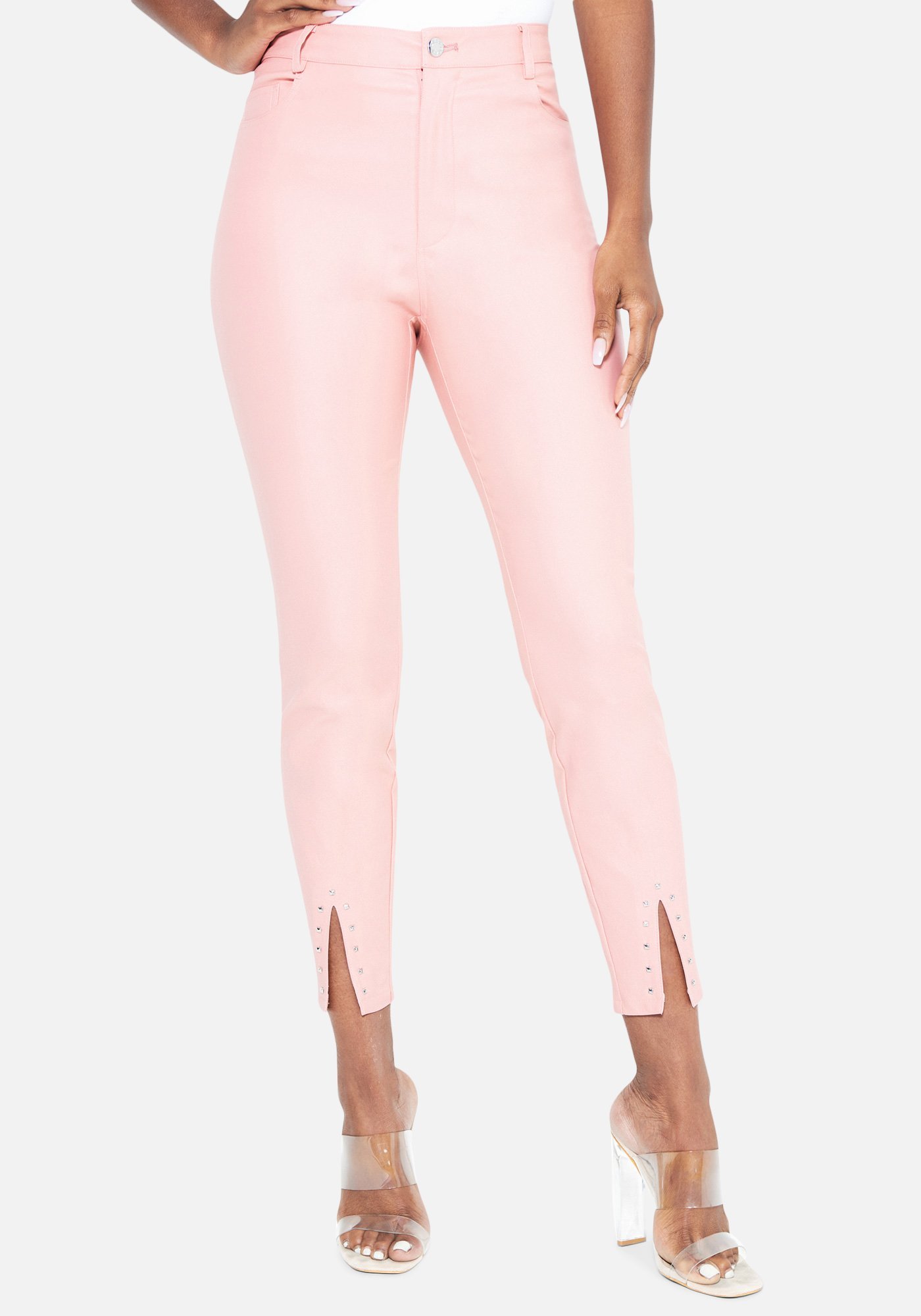 Bebe Women's Stud Detail Slit Front Coated Pant, Size 6 in BRIDAL ROSE Spandex/Nylon
