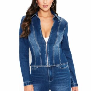 Bebe Women's Deep V Zip Up Denim Jacket, Size XL in MEDIUM INDIGO WASH Cotton/Spandex