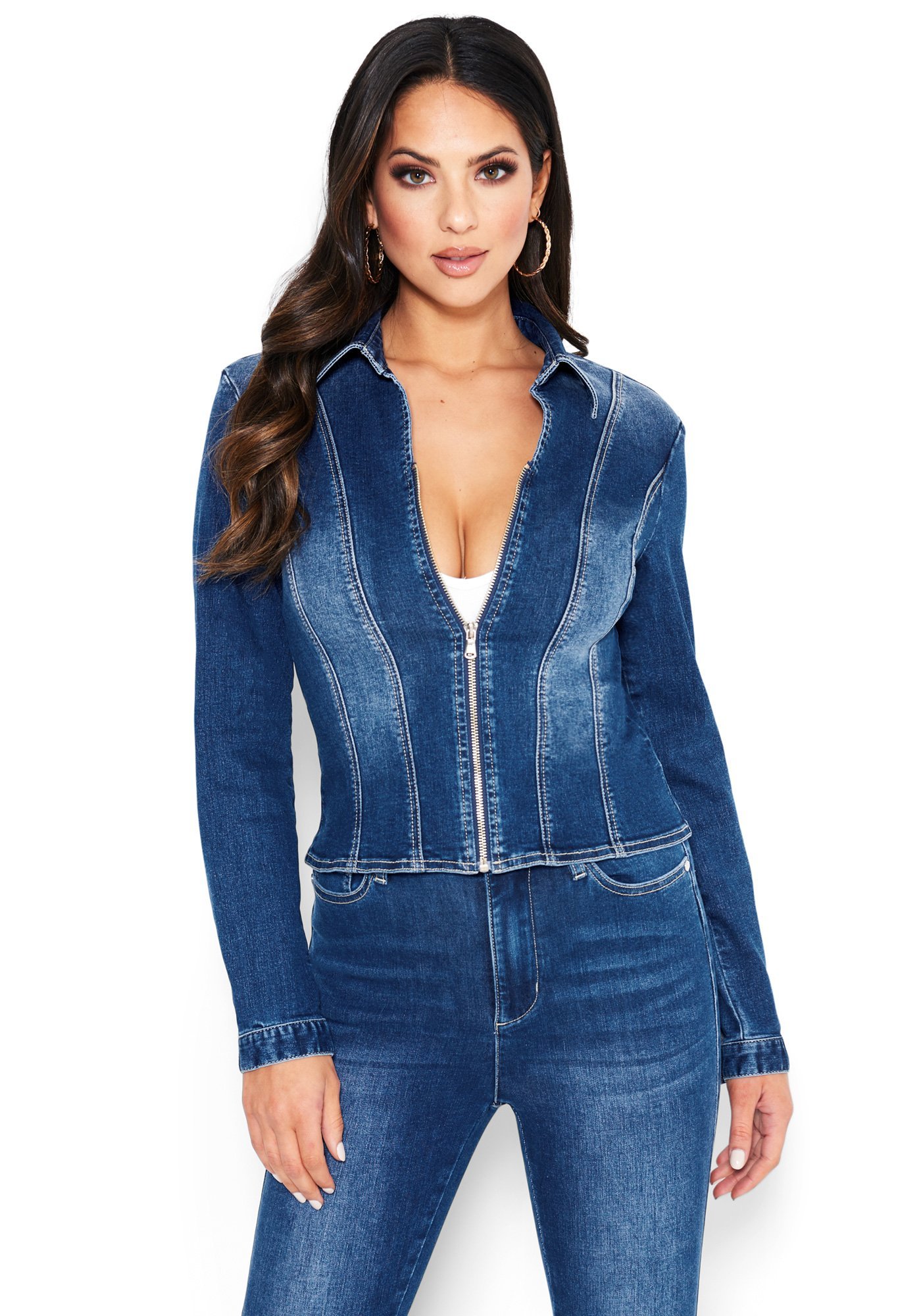 Bebe Women's Deep V Zip Up Denim Jacket, Size XL in MEDIUM INDIGO WASH Cotton/Spandex