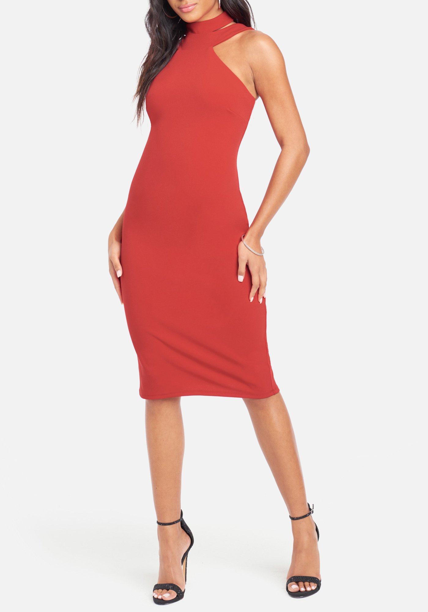 Bebe Women's Halter Neck Bodycon Midi Dress, Size 10 in Red Polyester
