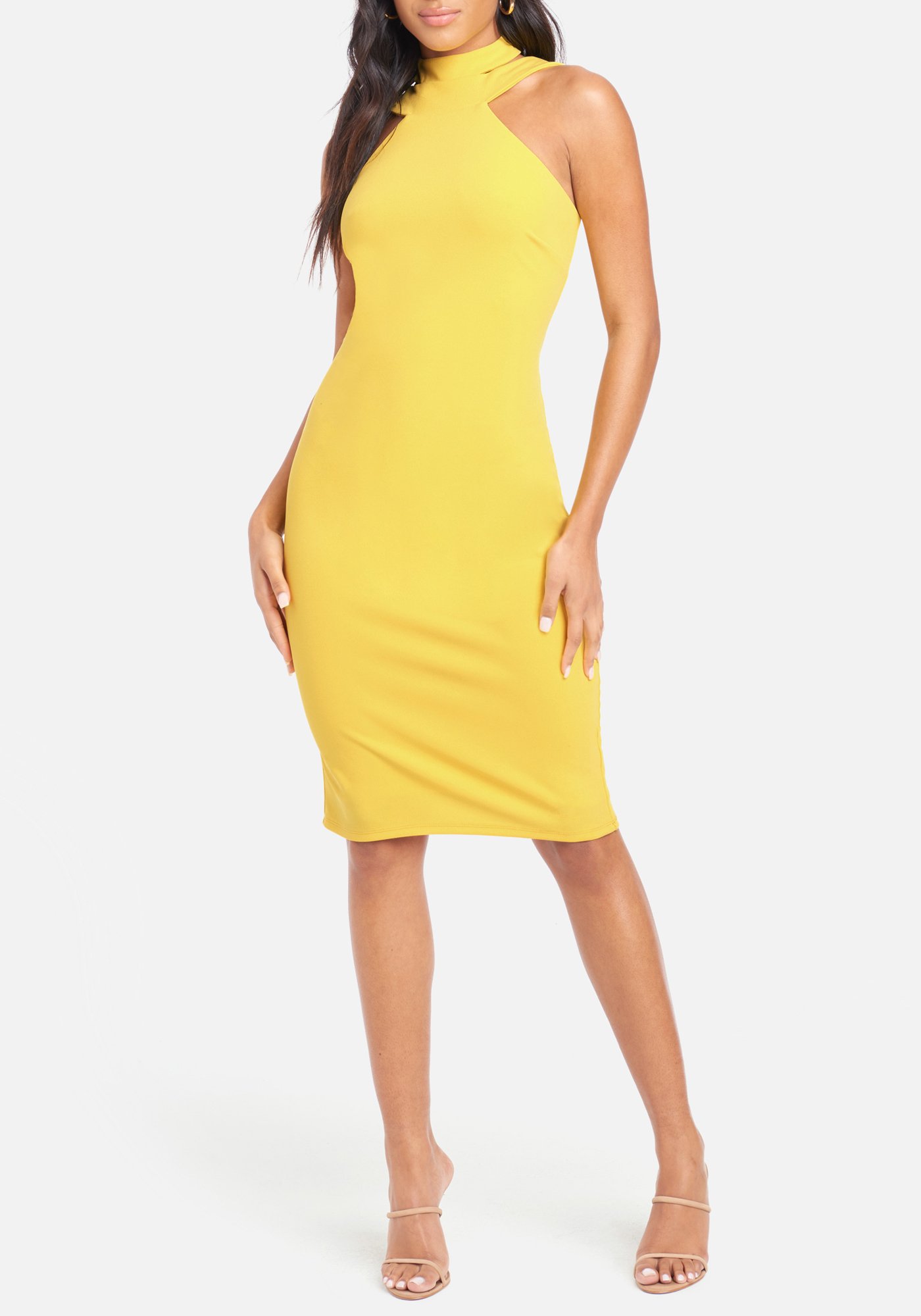 Bebe Women's Halter Neck Bodycon Midi Dress, Size 2 in Yellow Polyester