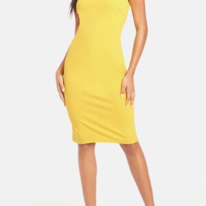 Bebe Women's Halter Neck Bodycon Midi Dress, Size 10 in Yellow Polyester