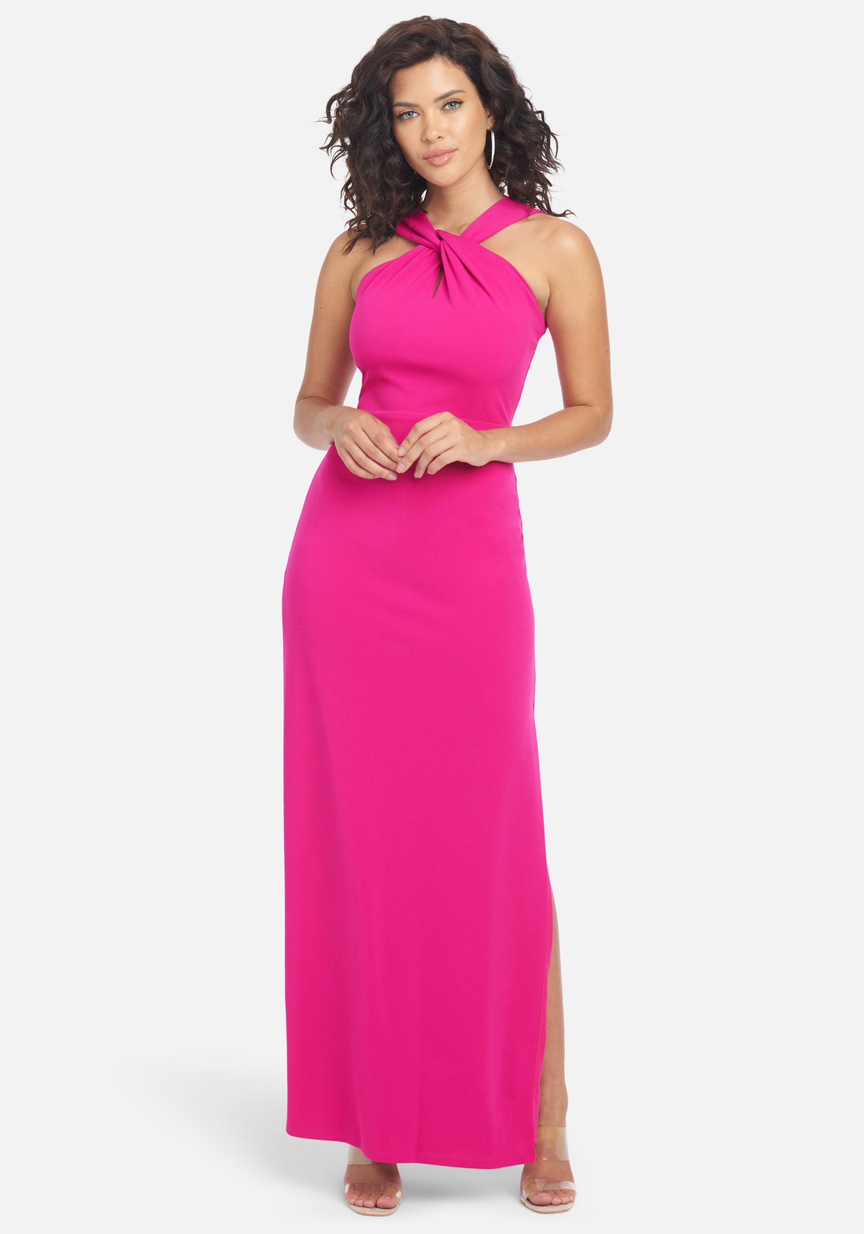 Bebe Women's Keyhole Halter Side Slit Dress, Size 6 in Fuchsia Spandex