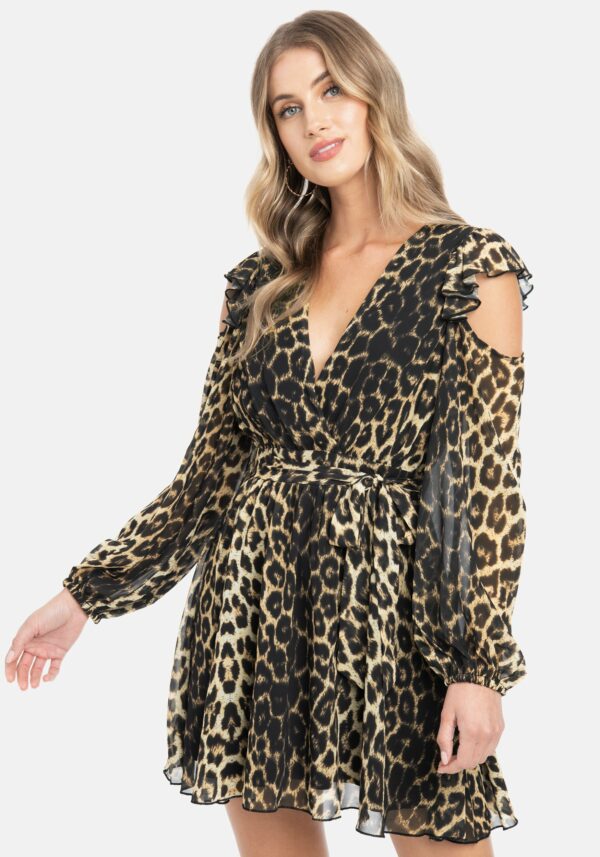 Bebe Women's Printed Ruffle Cold Shoulder Dress, Size Small in Leopard Polyester