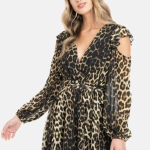 Bebe Women's Printed Ruffle Cold Shoulder Dress, Size XS in Leopard Polyester