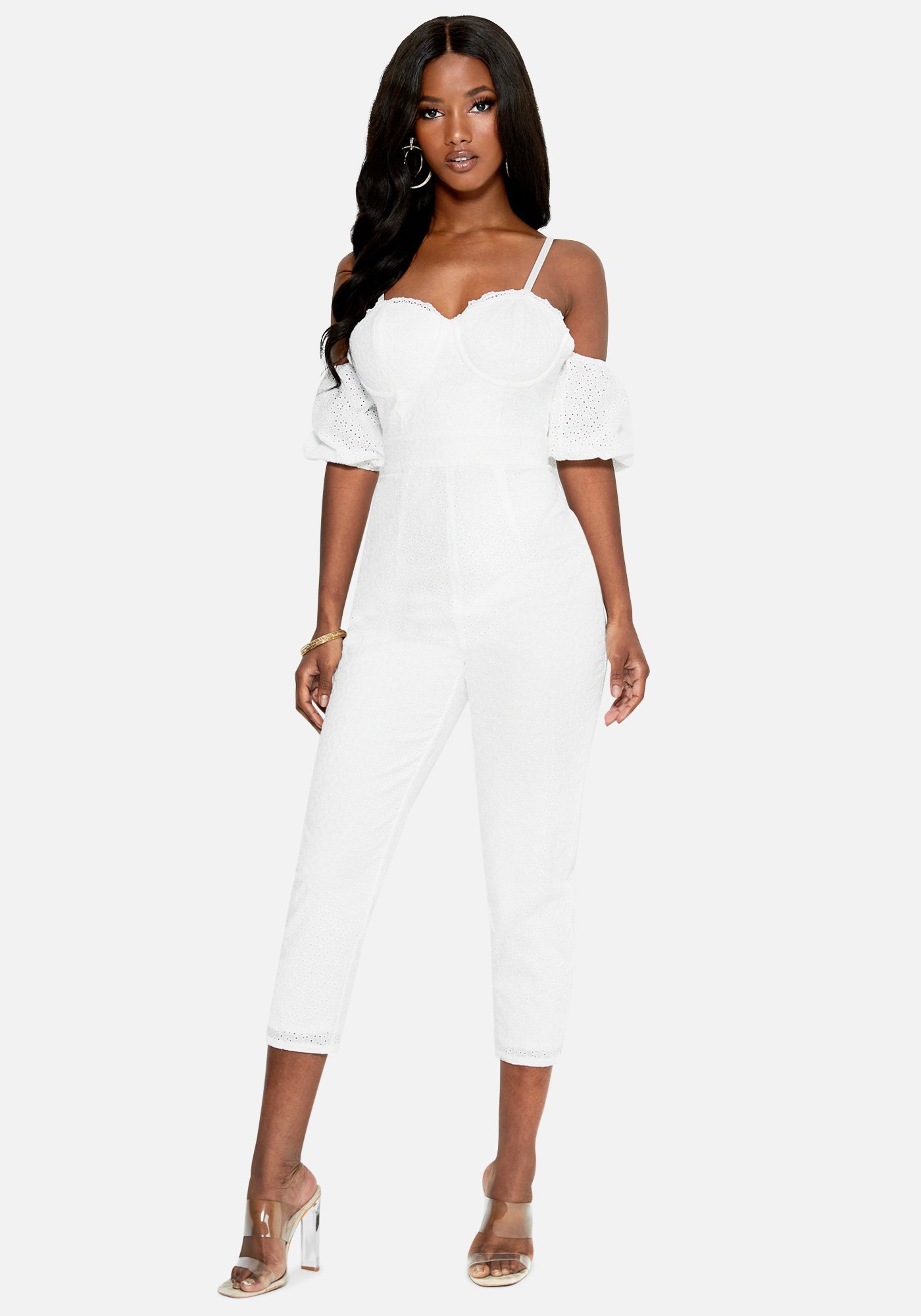 Bebe Women's Bustier Eyelet Jumpsuit, Size 8 in BRIGHT WHITE Cotton