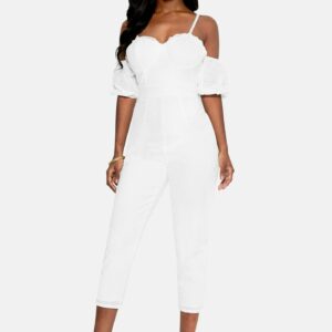 Bebe Women's Bustier Eyelet Jumpsuit, Size 6 in BRIGHT WHITE Cotton