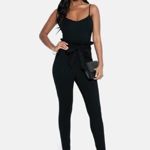 Bebe Women's Paper Bag Mixed Fabric Catsuit, Size Large in BLACK Spandex/Viscose