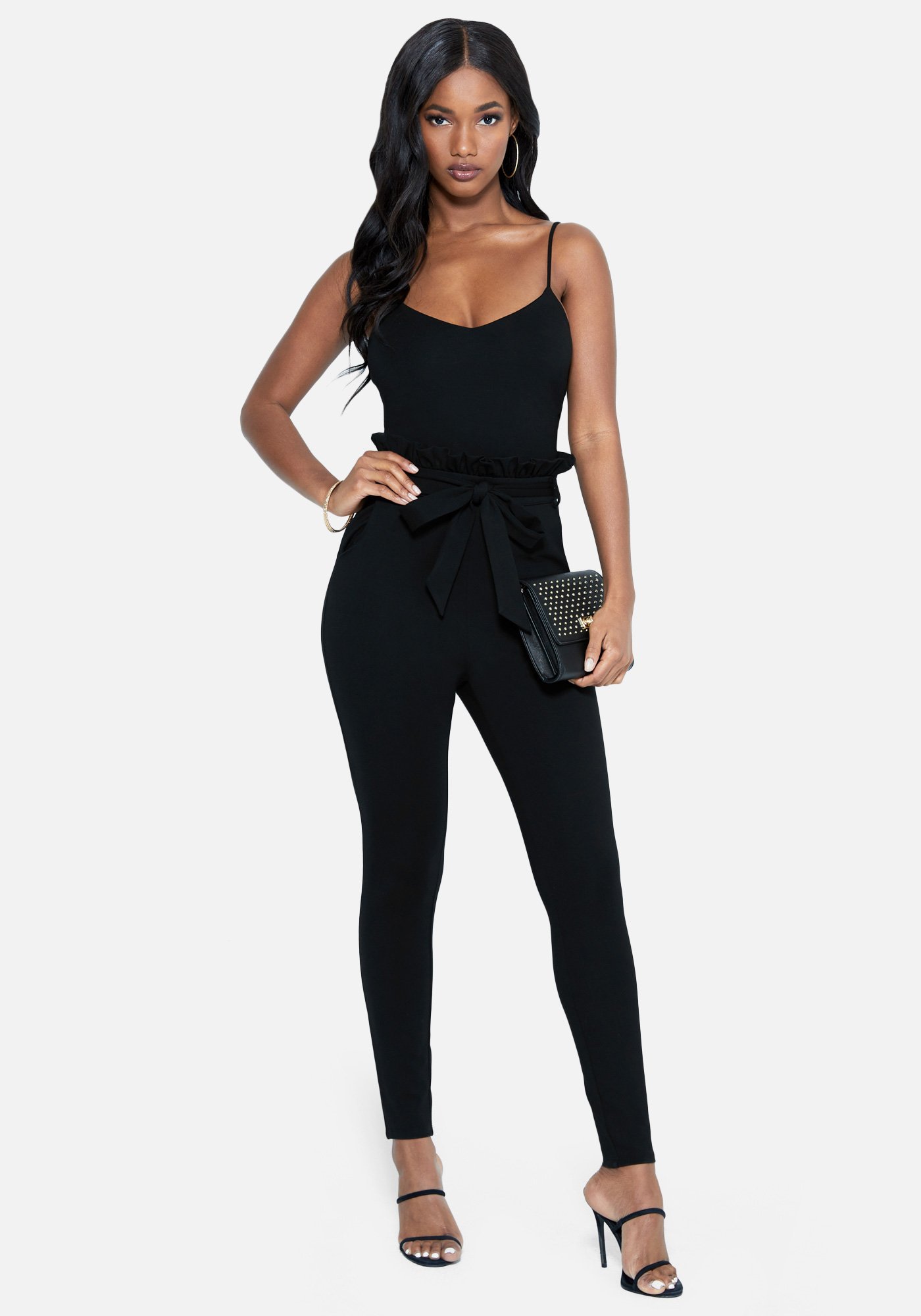 Bebe Women's Paper Bag Mixed Fabric Catsuit, Size XXS in BLACK Spandex/Viscose