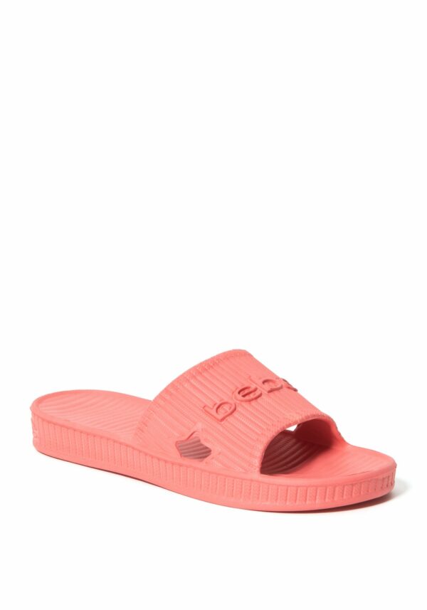 Bebe Women's Craze Logo Slides Shoe, Size 6 in Coral O Synthetic