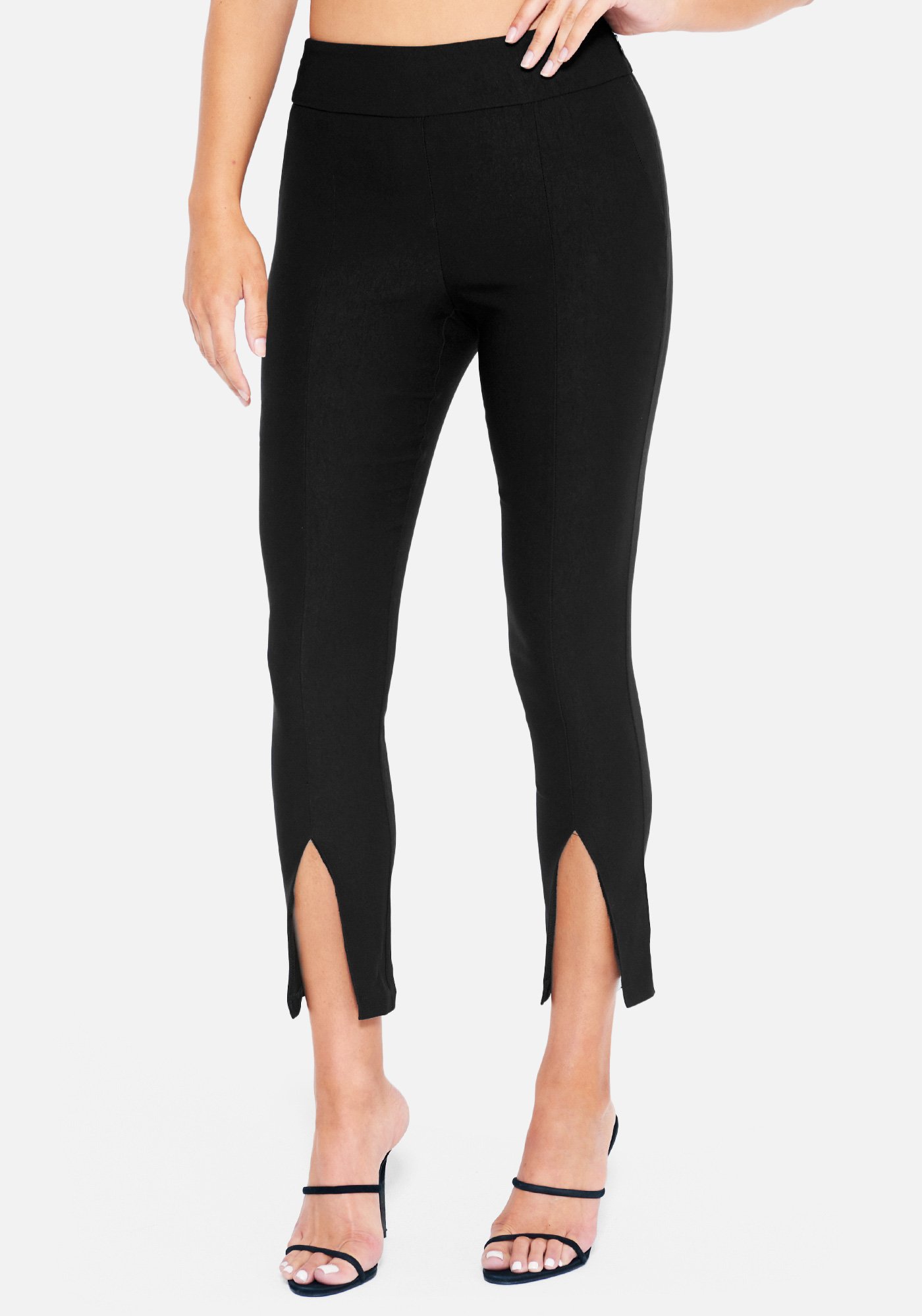 Bebe Women's Front Slit Trouser Pant, Size 6 in BLACK Spandex/Nylon