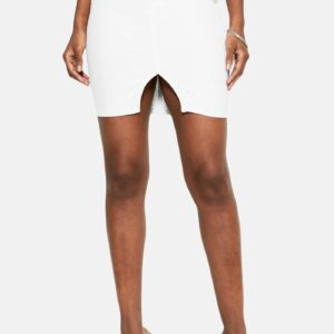 Bebe Women's Button Up Front Slit Denim Skirt, Size 30 in WHITE Cotton/Spandex