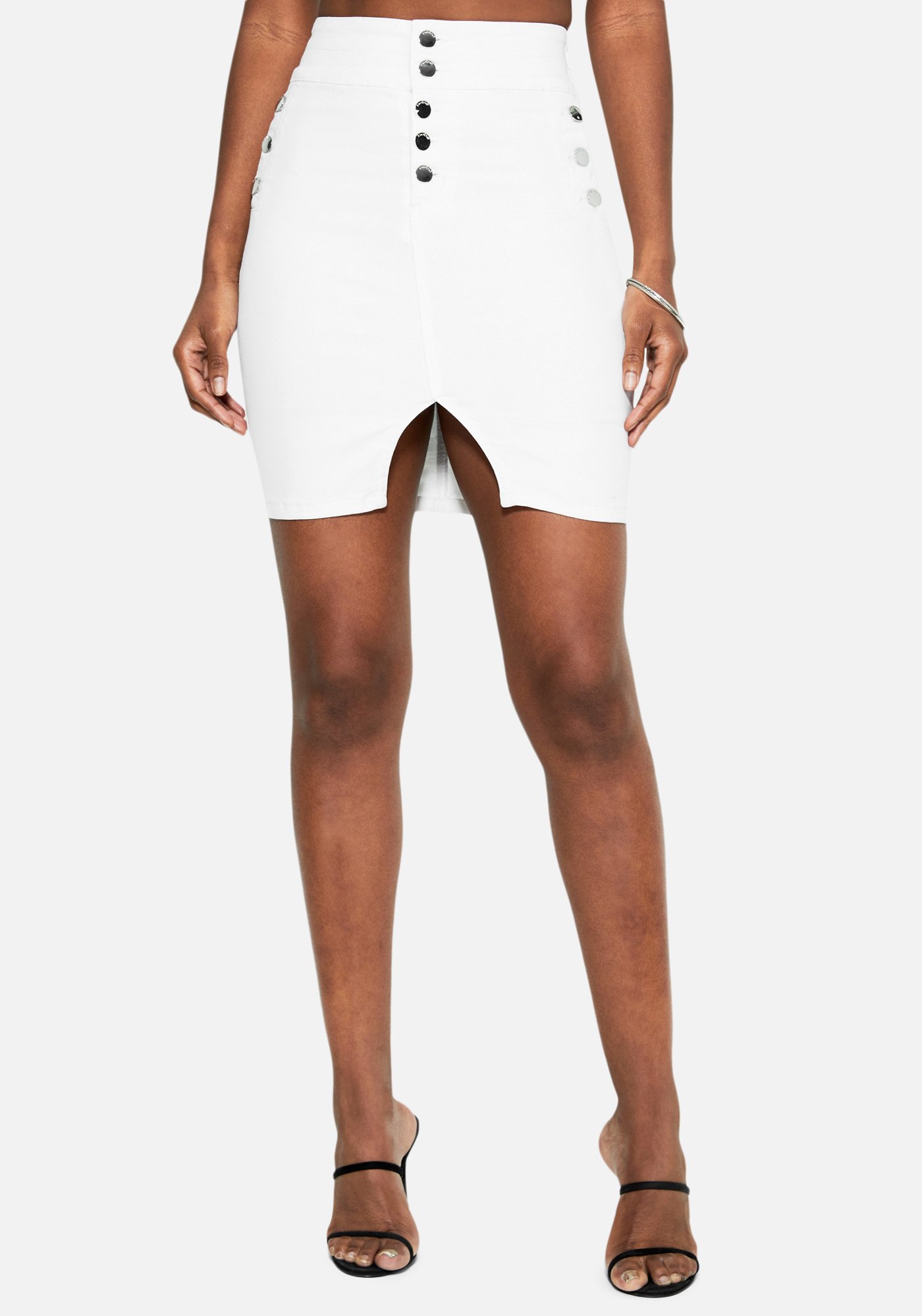 Bebe Women's Button Up Front Slit Denim Skirt, Size 32 in WHITE Cotton/Spandex