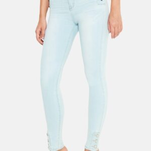 Bebe Women's Button Detail Skinny Jeans, Size 25 in LIGHT WASH Cotton/Spandex