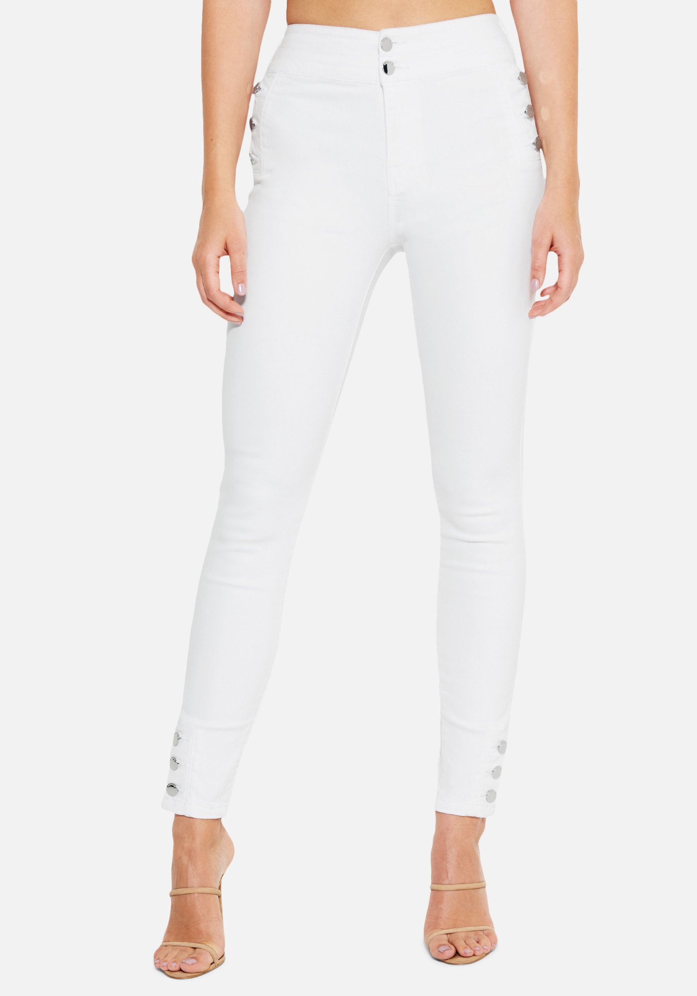 Bebe Women's Button Detail Skinny Jeans, Size 26 in WHITE Cotton/Spandex
