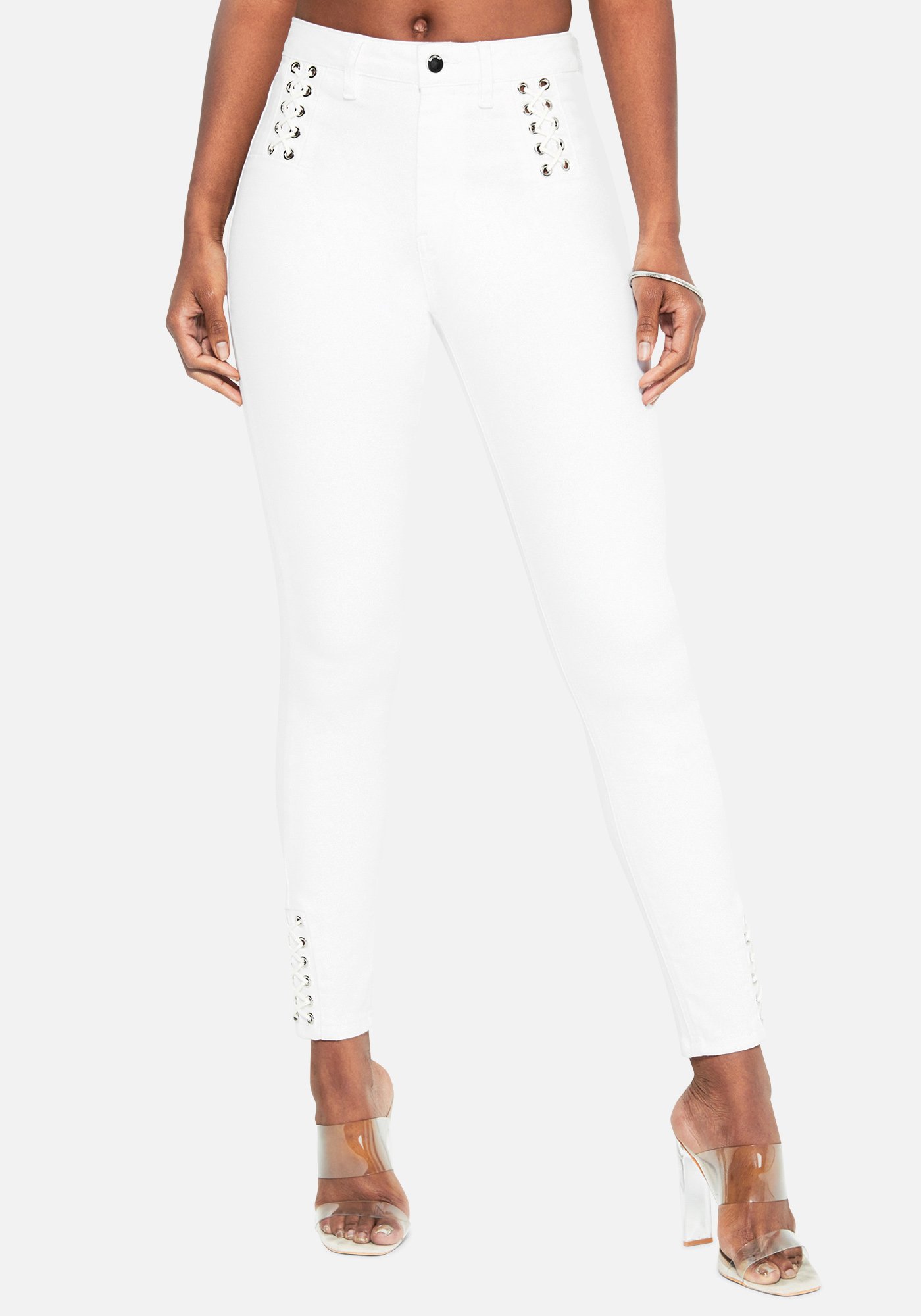Bebe Women's Lace Detail Skinny Jeans, Size 32 in WHITE Cotton/Spandex