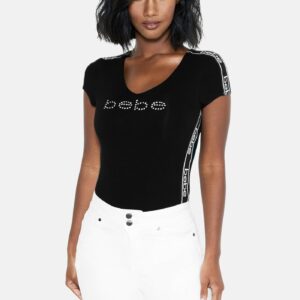 Women's Bebe Logo Side Taping V-Neck Nk Top, Size Small in BLACK Spandex