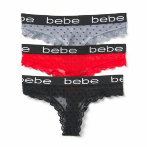 Bebe Women's Flocked Dot Mesh 3-Panty Set, Size Medium in Black