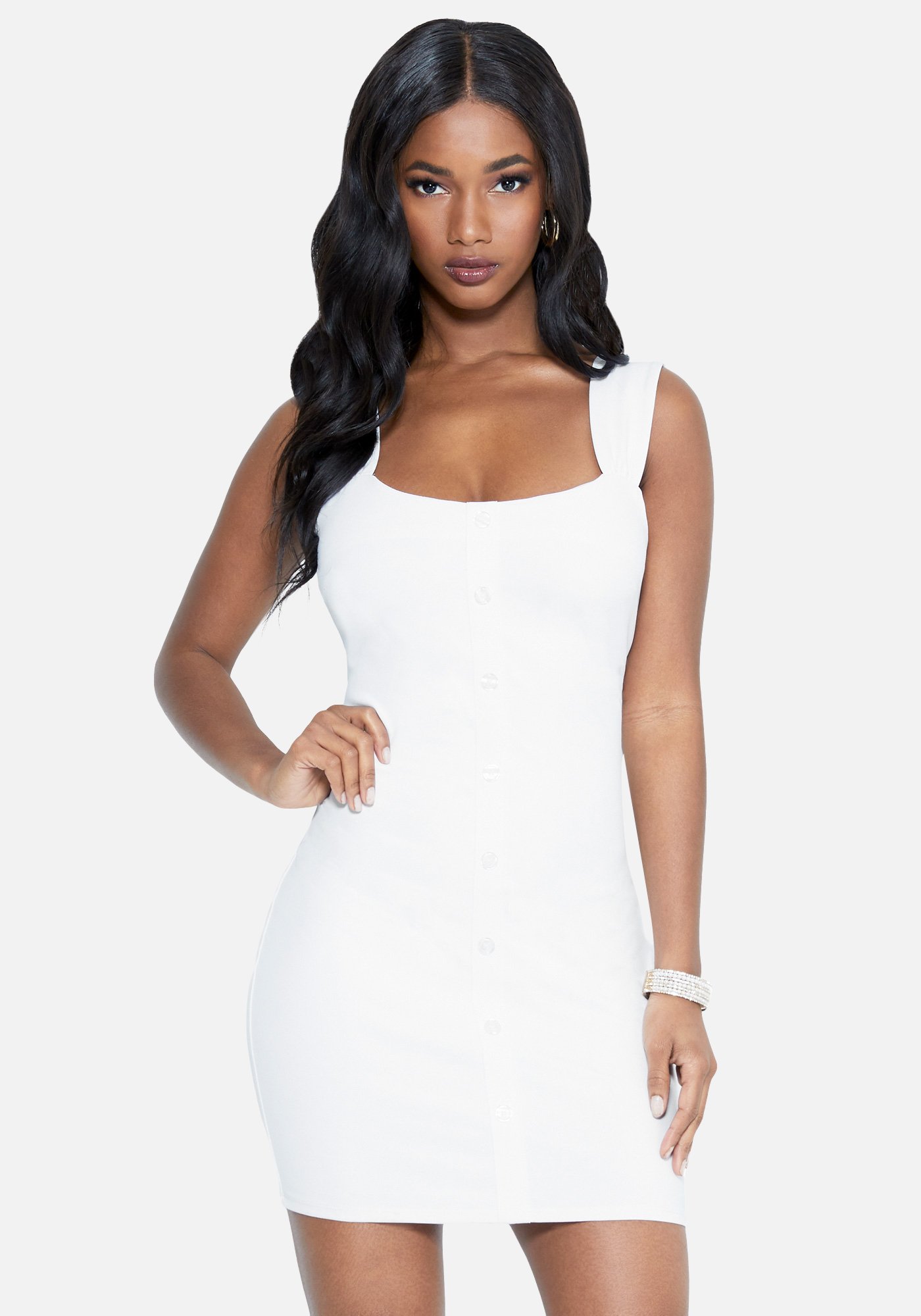 Bebe Women's Button Detail Ponte Mini Dress, Size Large in BRIGHT WHITE Spandex