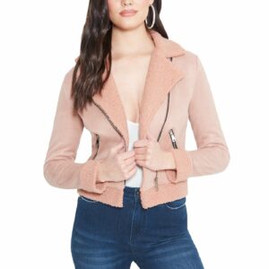Bebe Women's Faux Suede Sherpa Jacket, Size Large in CAMEO ROSE Suede/Spandex