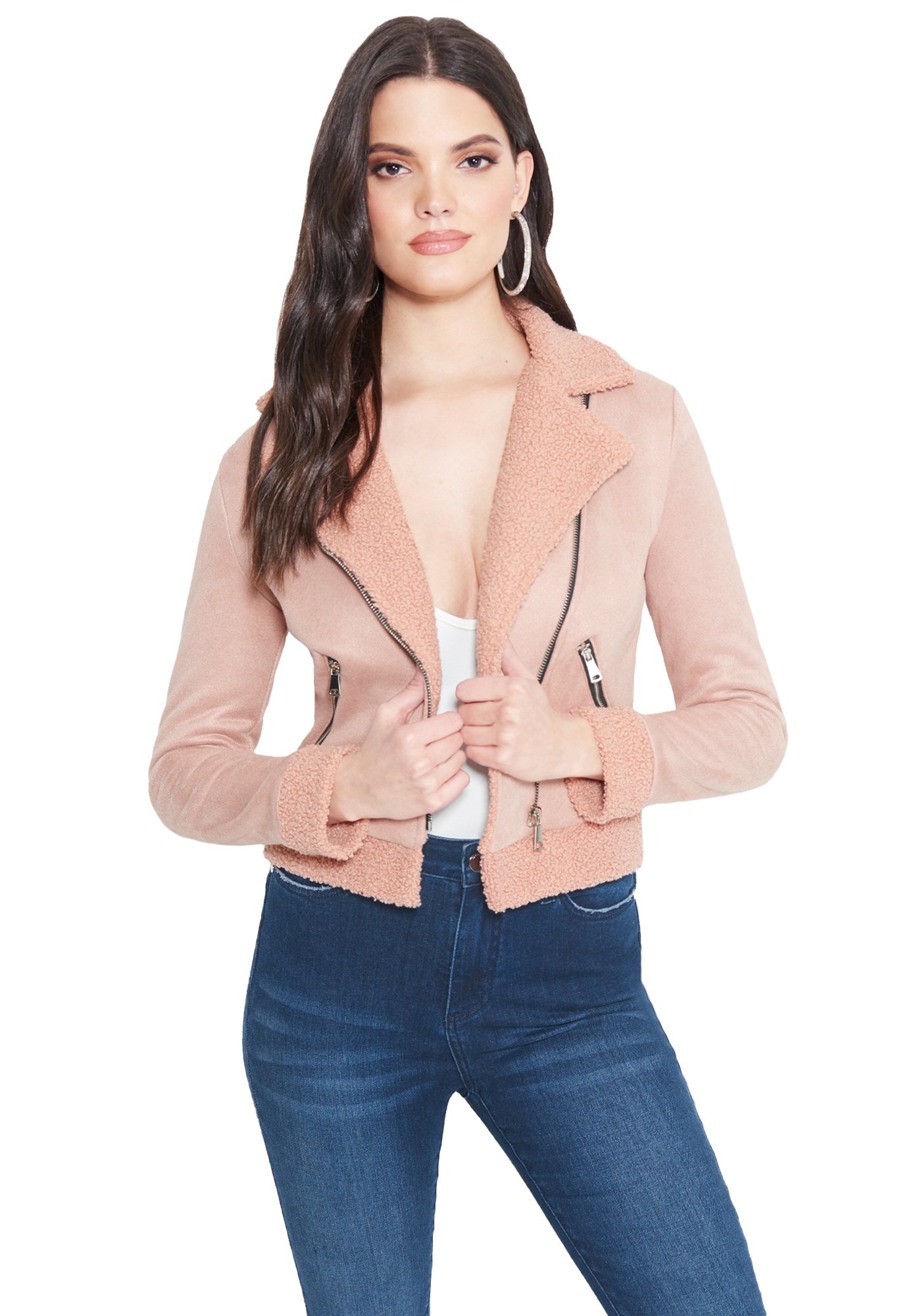 Bebe Women's Faux Suede Sherpa Jacket, Size Small in CAMEO ROSE Suede/Spandex