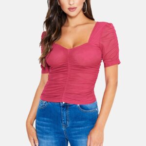 Bebe Women's 4 Way Mesh Knit Top, Size Large in Beet Root Spandex