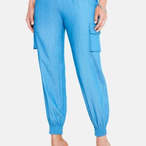 Bebe Women's Chambray Smocked Cargo Jogger Pant, Size XS in Light Blue Wash