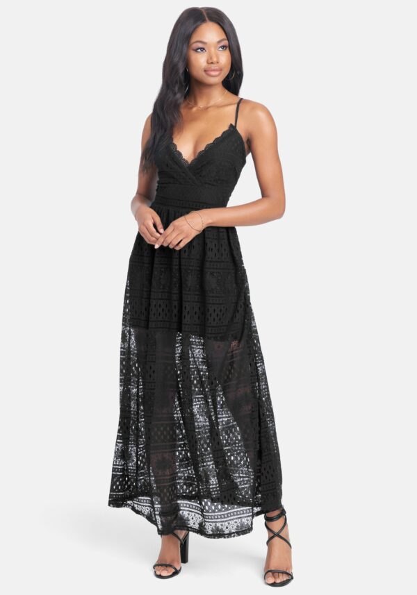 Bebe Women's All Over Lace Maxi Dress, Size Large in Black Cotton/Spandex/Nylon