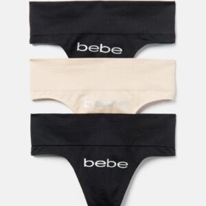 Women's Bebe Logo Seamless Thong Set, Size XL in Black Nylon