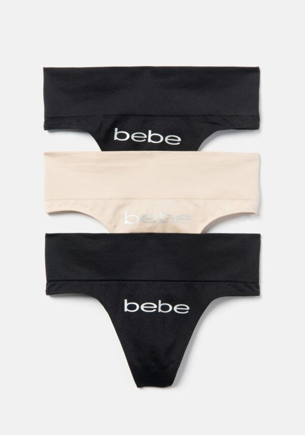 Women's Bebe Logo Seamless Thong Set, Size XL in Black Nylon