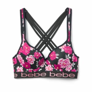 Bebe Women's Floral Strappy Sports Bra, Size Medium in Black Spandex
