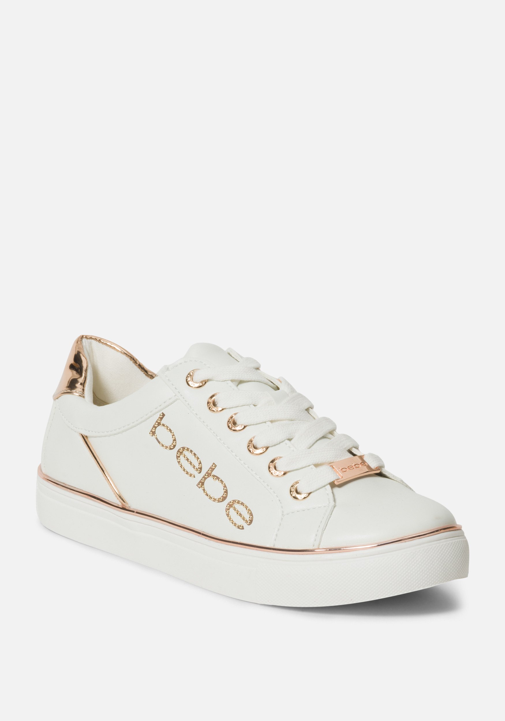 Women's Celise Bebe Logo Sneakers, Size 7 in White/Rose Gold Synthetic