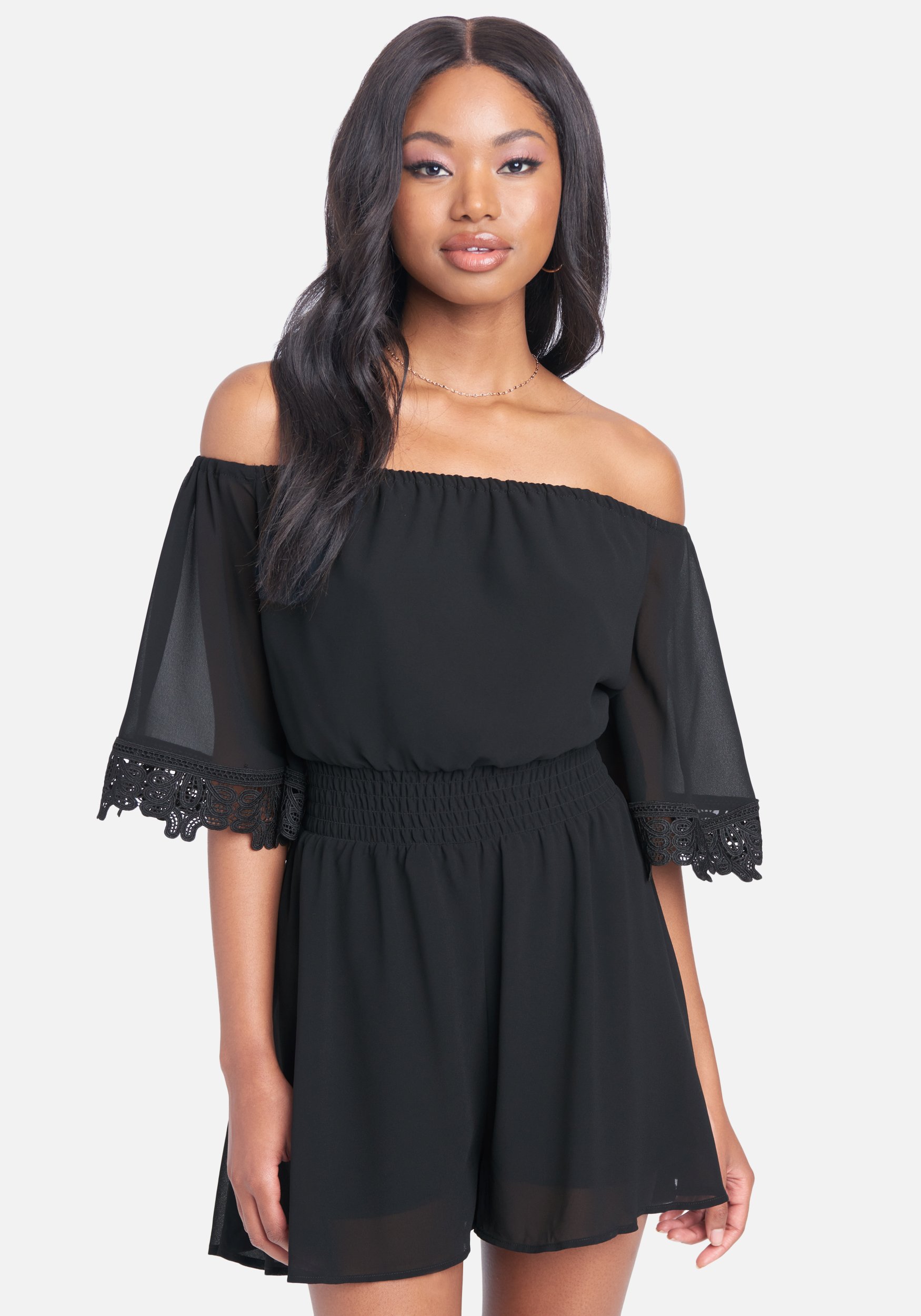 Bebe Women's Off Shoulder Lace Detail Romper, Size Small in Black Polyester/Spandex