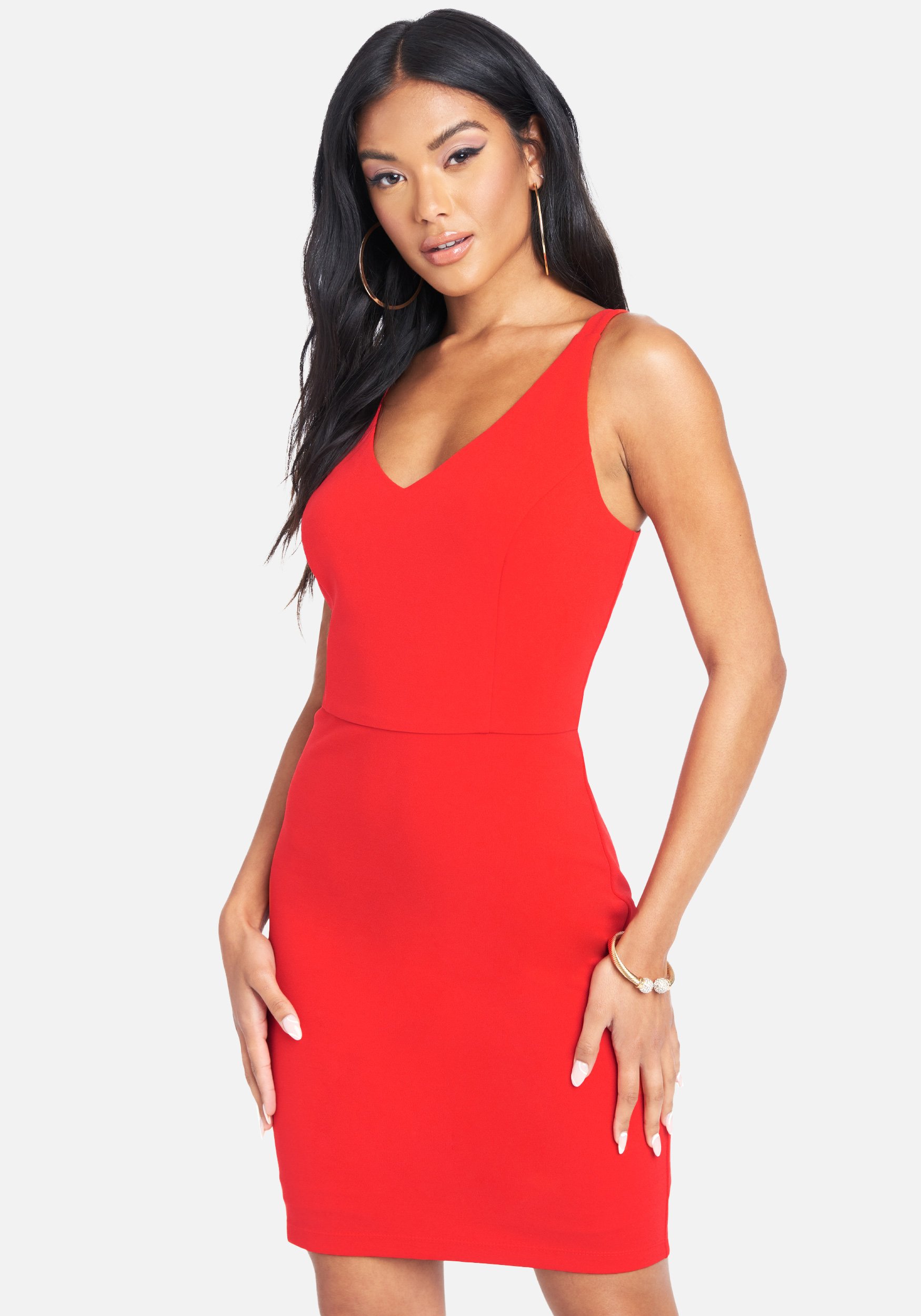 Bebe Women's Zipper Back Detail Midi Dress, Size 6 in Red Spandex