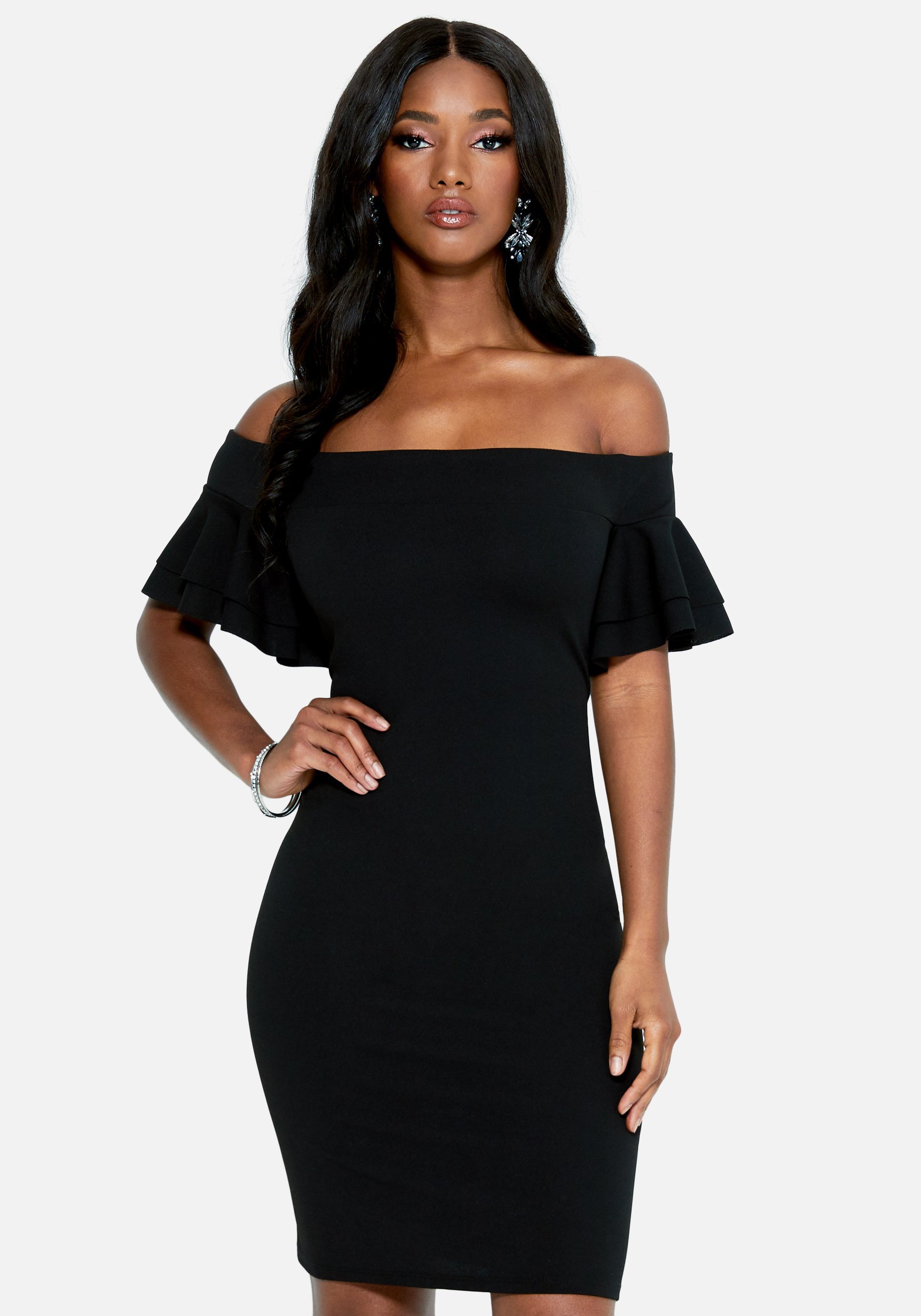 Bebe Women's Off Shoulder Flutter Sleeve Dress, Size 12 in Black