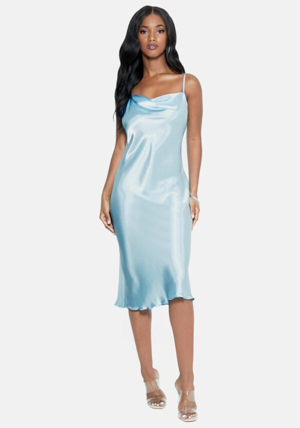 Bebe Women's Satin Cowl Neck Slip Midi Dress, Size XL in Blue Polyester
