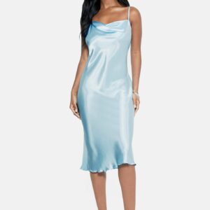 Bebe Women's Satin Cowl Neck Slip Midi Dress, Size Large in Blue Polyester