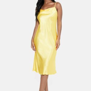 Bebe Women's Satin Cowl Neck Slip Midi Dress, Size Large in Yellow Polyester