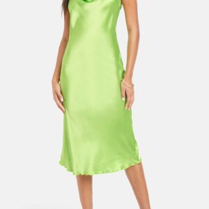 Bebe Women's Satin Cowl Neck Slip Midi Dress, Size Large in Lime Polyester