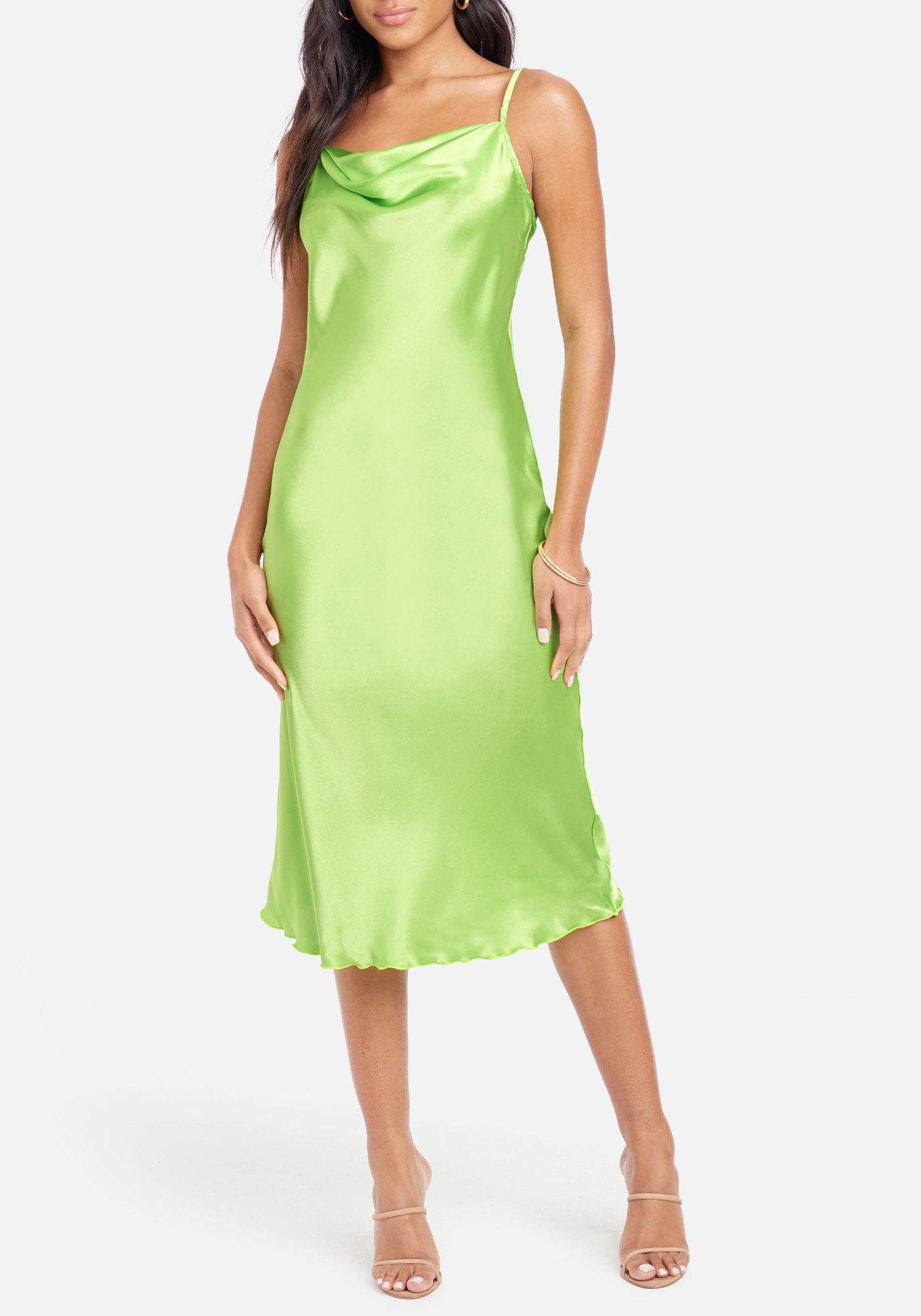 Bebe Women's Satin Cowl Neck Slip Midi Dress, Size XXL in Lime Polyester